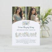 Romantic Dusty Blue Floral Grad 2 Photo Collage 案内状 (スタンド正面)
