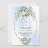 Romantic Dusty Blue Floral Sweet Sixteen Invite 招待状 (正面)