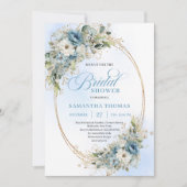 Romantic Dusty Blue Flowers Bridal Shower Invite 招待状 (正面)