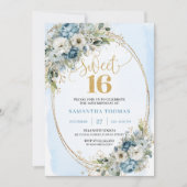 Romantic Dusty Blue Flowers Sweet Sixteen Invites 招待状 (正面)