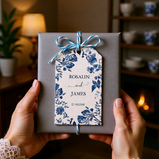Romantic Dusty Blue French Toile Wedding ギフトタグ