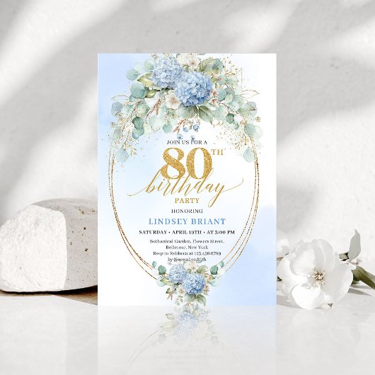 Romantic Dusty Blue Garden 80th Birthday Invite 招待状