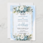 Romantic Dusty Blue Gold Floral Wedding Invitation 招待状 (正面)