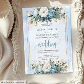 Romantic Dusty Blue Gold Floral Wedding Invitation 招待状