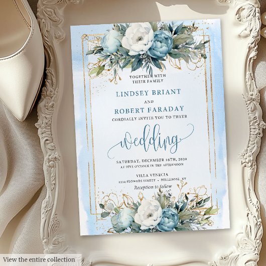Romantic Dusty Blue Gold Floral Wedding Invitation 招待状