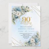 Romantic Dusty Blue Gold Frame 90th Birthday Card 招待状 (正面)
