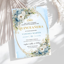 Romantic Dusty Blue Gold Greenery Quince Invites