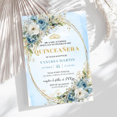 Romantic Dusty Blue Gold Greenery Quinceañera 招待状