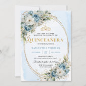 Romantic Dusty Blue Gold Greenery Quinceañera 招待状 (正面)
