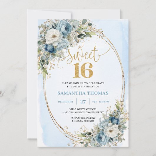 Romantic Dusty Blue Greenery Sweet Sixteen Invite 招待状 (正面)