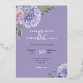 Romantic Dusty Blue & Lilac Watercolor Hydrangeas 箔招待状 (正面)