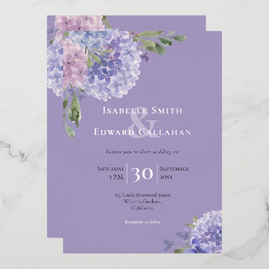Romantic Dusty Blue & Lilac Watercolor Hydrangeas 箔招待状 (正面/裏面)