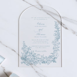 Romantic Dusty Blue Line Art Floral Wedding アクリル招待状