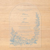 Romantic Dusty Blue Line Art Floral Wedding アクリル招待状 (正面)