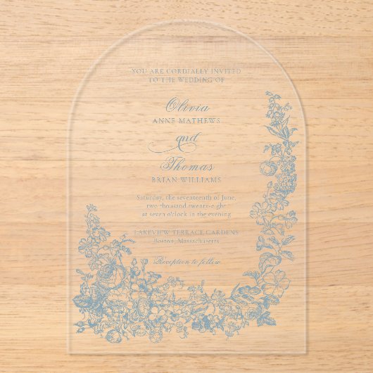 Romantic Dusty Blue Line Art Floral Wedding アクリル招待状 (正面)