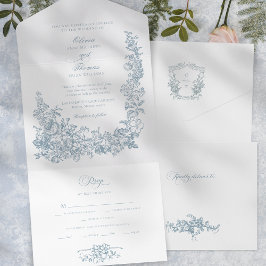 Romantic Dusty Blue Line Art Floral Wedding オールインワン招待状