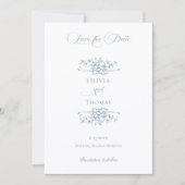 Romantic Dusty Blue Line Art Floral Wedding セーブザデート (正面)