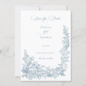 Romantic Dusty Blue Line Art Floral Wedding セーブザデート (正面)