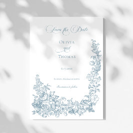 Romantic Dusty Blue Line Art Floral Wedding セーブザデート