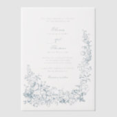 Romantic Dusty Blue Line Art Floral Wedding ベラム紙招待状 (正面)