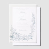 Romantic Dusty Blue Line Art Floral Wedding ベラム紙招待状 (オフセット)