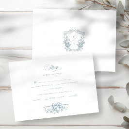 Romantic Dusty Blue Line Art Floral Wedding 出欠カード