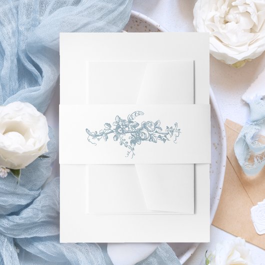 Romantic Dusty Blue Line Art Floral Wedding 招待状ベリーバンド