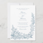 Romantic Dusty Blue Line Art Floral Wedding 招待状 (正面)