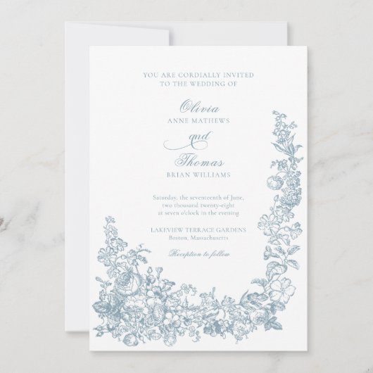 Romantic Dusty Blue Line Art Floral Wedding 招待状 (正面)