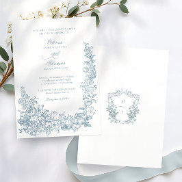 Romantic Dusty Blue Line Art Floral Wedding 招待状