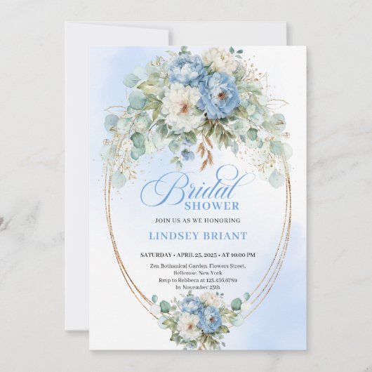 Romantic Dusty Blue Peonies Eucalyptus Bridal Show 招待状 (正面)