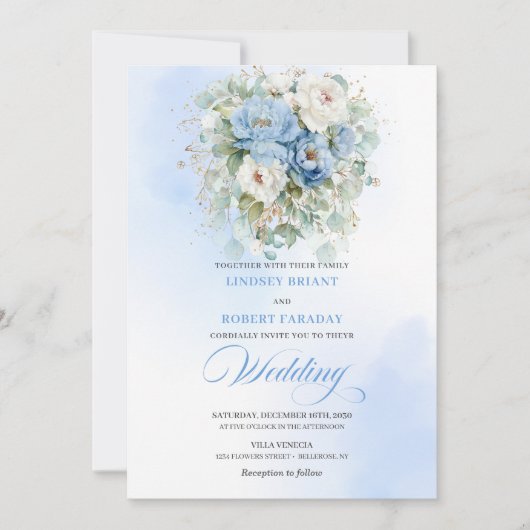 Romantic Dusty Blue Peony Eucalyptus Wedding Invit 招待状 (正面)