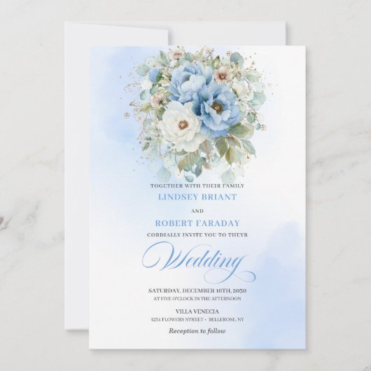 Romantic Dusty Blue Peony Garden Wedding Invite 招待状 (正面)
