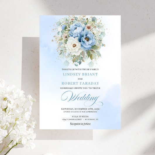 Romantic Dusty Blue Peony Garden Wedding Invite 招待状