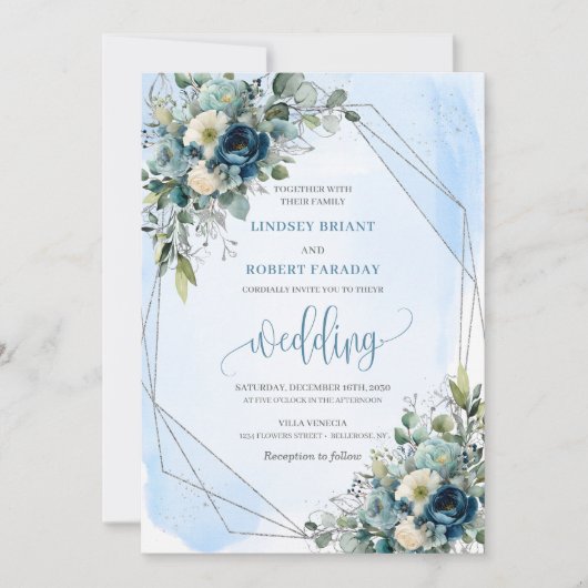 Romantic Dusty Blue Silver Wedding Invitation Card 招待状 (正面)