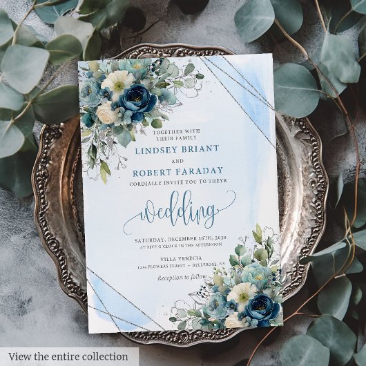 Romantic Dusty Blue Silver Wedding Invitation Card 招待状