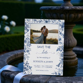 Romantic Dusty Blue Toile Floral Photo セーブザデート