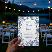 Romantic Dusty Blue Toile Floral Photo Wedding 招待状