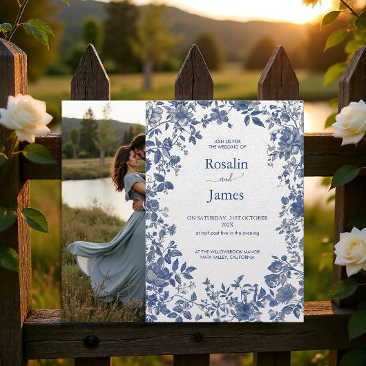 Romantic Dusty Blue Toile Floral Photo Wedding 招待状
