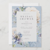 Romantic Dusty Blue White Floral Bridal Shower 招待状 (正面)