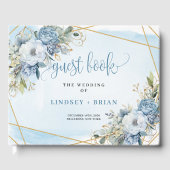 Romantic Dusty Blue White Gold Flowers Guest Book ゲストブック (正面)