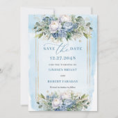 Romantic Dusty Blue White Gold Peonies Save Date 招待状 (正面)