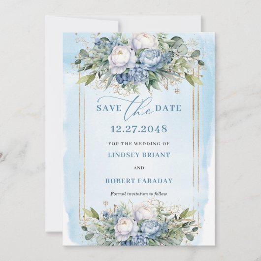 Romantic Dusty Blue White Gold Peonies Save Date 招待状 (正面)