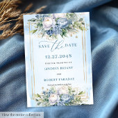 Romantic Dusty Blue White Gold Peonies Save Date 招待状