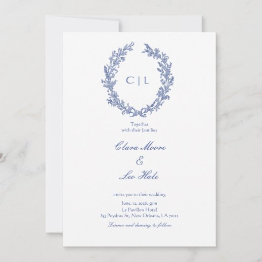 Romantic Dusty Blue Wildflower Wreath Wedding 招待状 (正面)