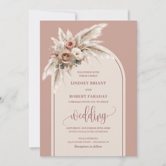 Romantic Dusty Pink Pampas Arch Wedding Invitation 招待状 (正面)