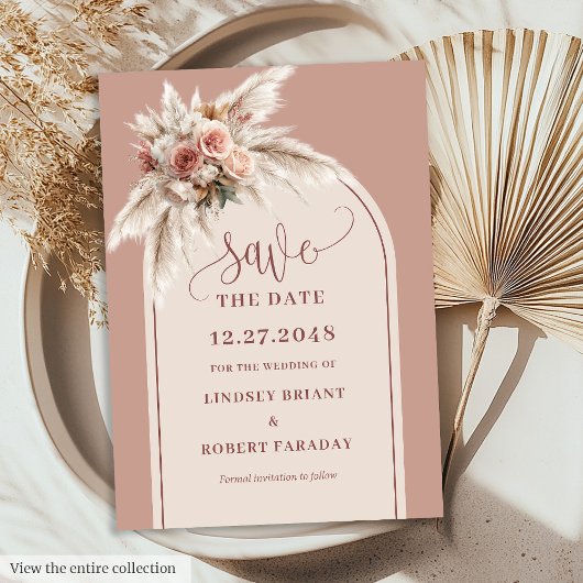 Romantic Dusty Pink Pampas Grass Arch Save Date 招待状