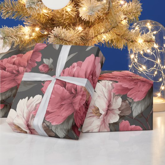 Romantic Dusty Pink Peony Grey Floral Pattern ラッピングペーパー (クリスマス)