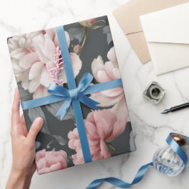 Romantic Dusty Pink Peony Grey Floral Pattern ラッピングペーパー