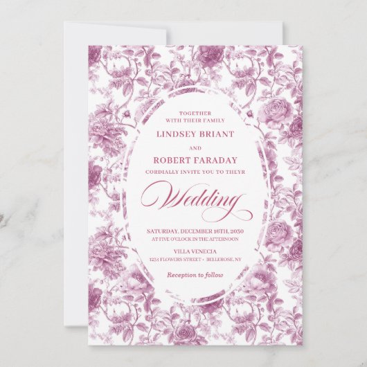 Romantic Dusty Pink Toile de Jouy Wedding Invites 招待状 (正面)